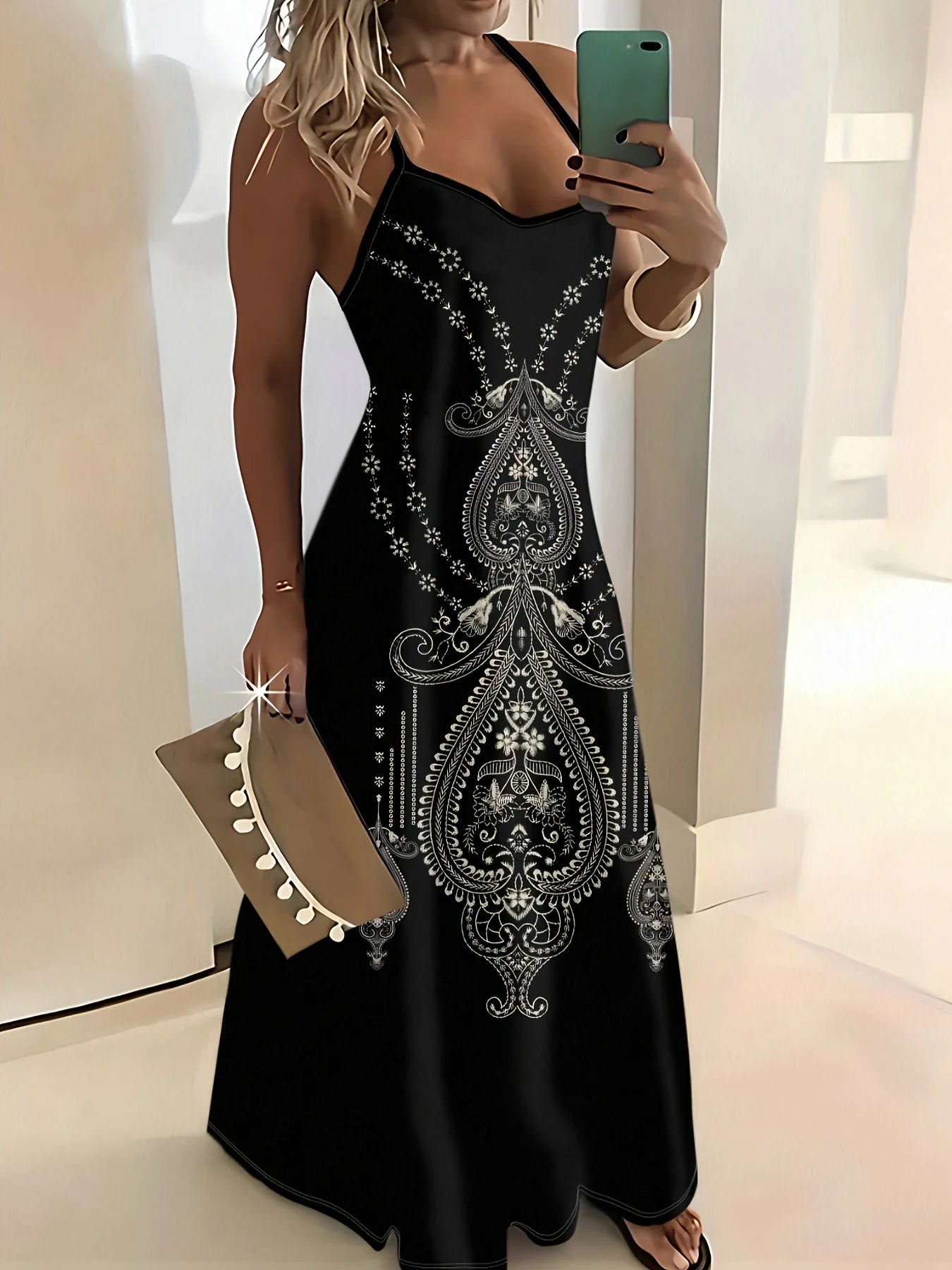 Printed Design Summer Vacation Style Black and White Paisley Pattern Pattern Content round Neck Spaghetti Strap Dress