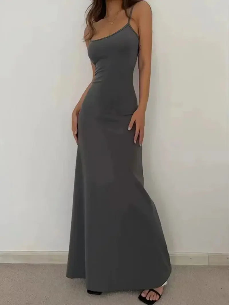 Summer Women'S New Style Fashionable Simple Temperament Sling Long Backless Thin Waist Sexy Sweet Spicy Long Casual Dress