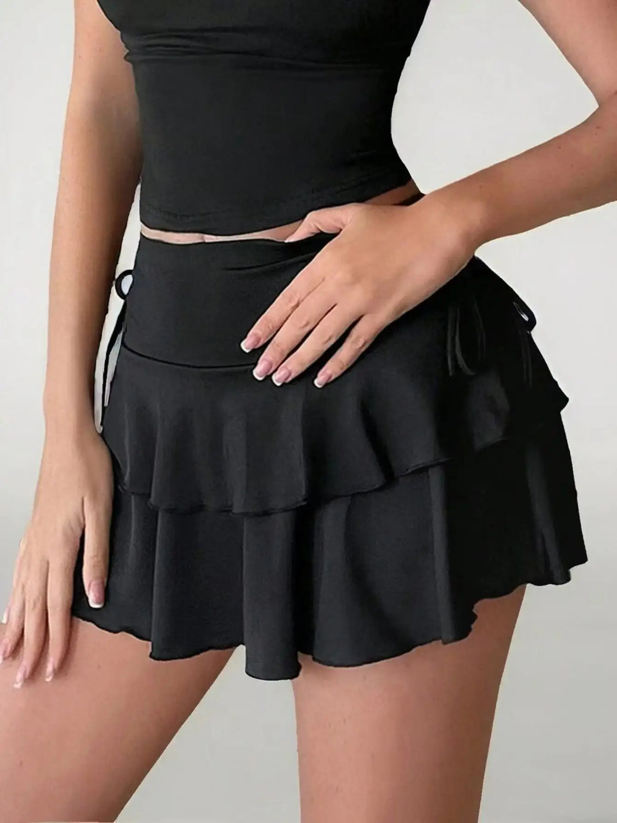 Drawstring and Fold Detail Solid Color Cake Skirt, Spring/Summer, Party Skirt, Beach Skirt, Summer Vacation Outfits