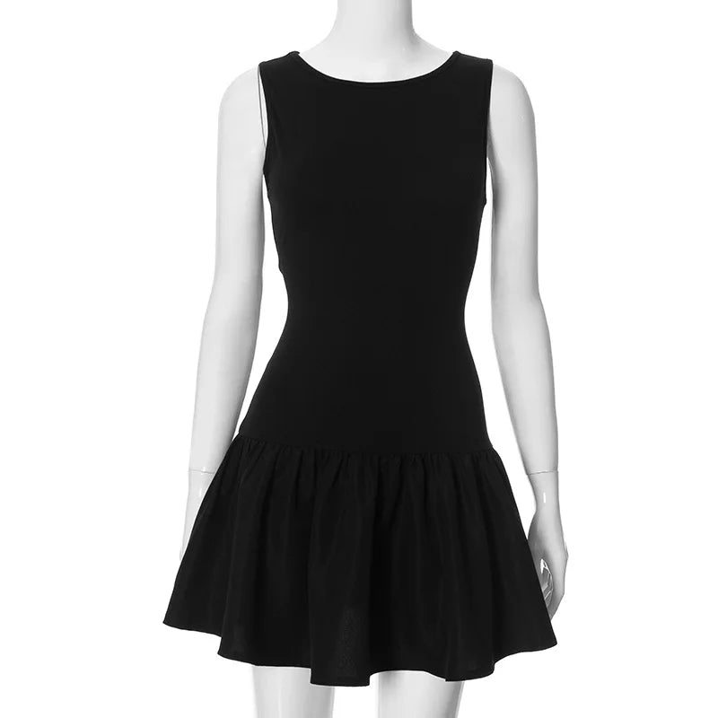 Summer New Pure Color round Neck Sleeveless Splice Slim Fashion Short Dress Women'S Cross-Border European and American Style