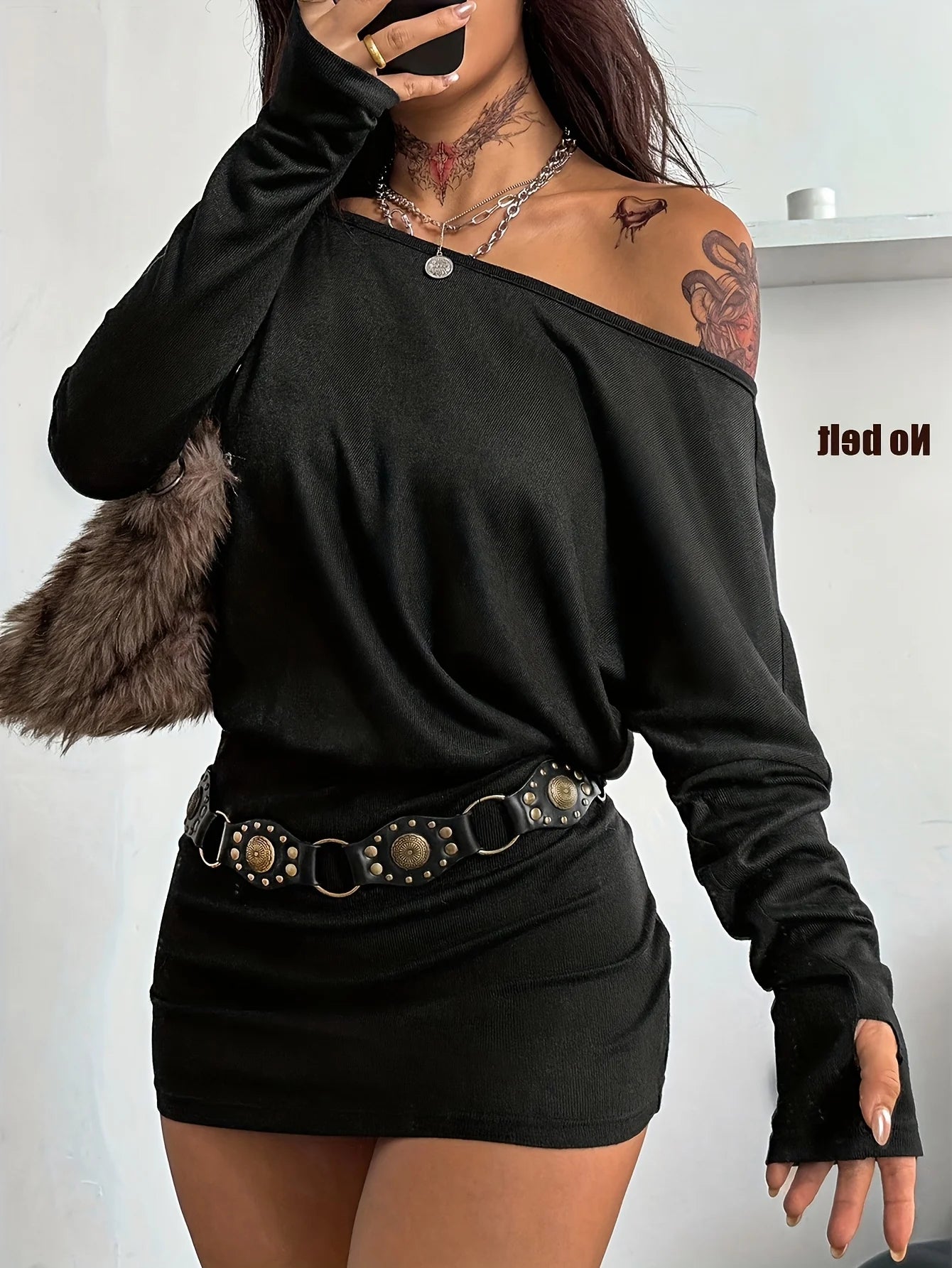 Women'S Y2K Fall Asymmetric Shoulder Batwing Sleeve Mini Dress Casual Daily Black Irregular Hemline No Belt Included