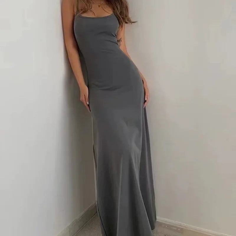 Summer Women'S New Style Fashionable Simple Temperament Sling Long Backless Thin Waist Sexy Sweet Spicy Long Casual Dress