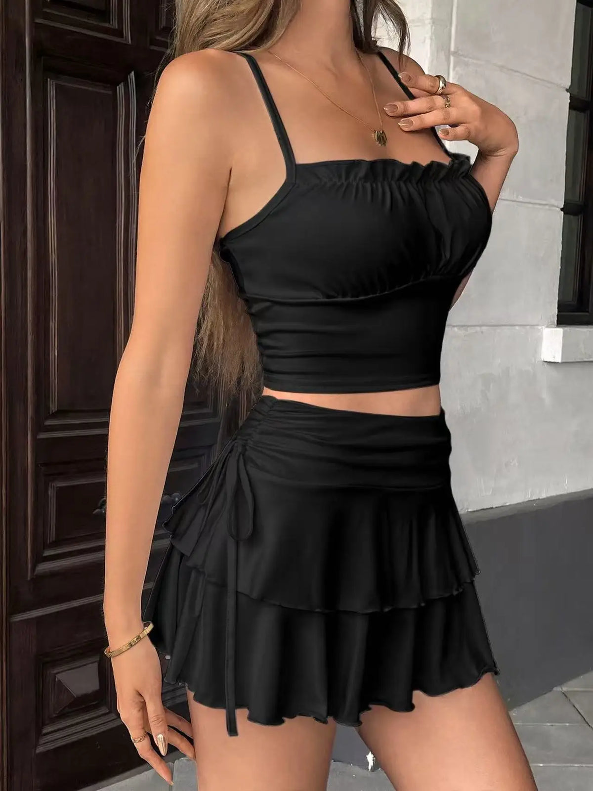 Drawstring and Fold Detail Solid Color Cake Skirt, Spring/Summer, Party Skirt, Beach Skirt, Summer Vacation Outfits