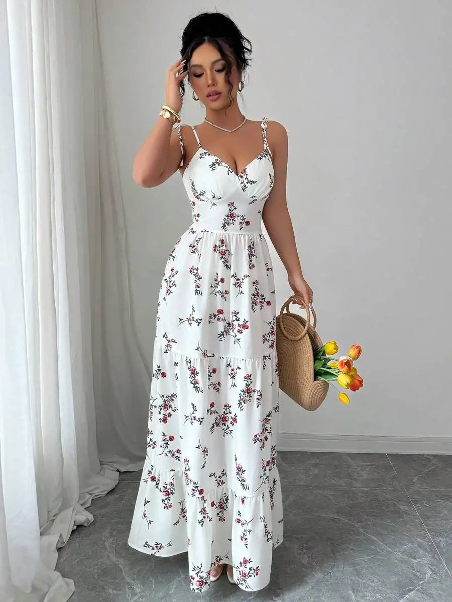 Women'S Ditsy Floral Ruffle Hem Sleeveless Dress Vacation Appropriate Casual Maxi Gown for Spring/Summer