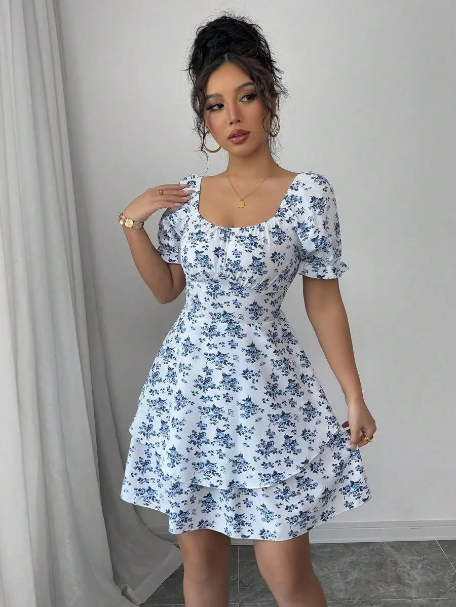Women'S Casual Ditsy Floral Mini Dress round Neck Short Sleeve Elastic Waist Ruffle Hem Summer Dress for Daily Vacation