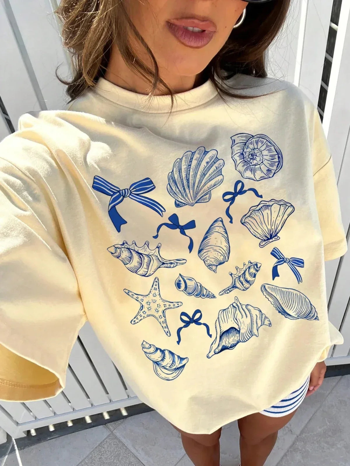 Summer American Retro Marine Animal Conch Bow Pattern Women'S round Neck Street Clothing Half-Sleeved Top Aesthetic Clothes