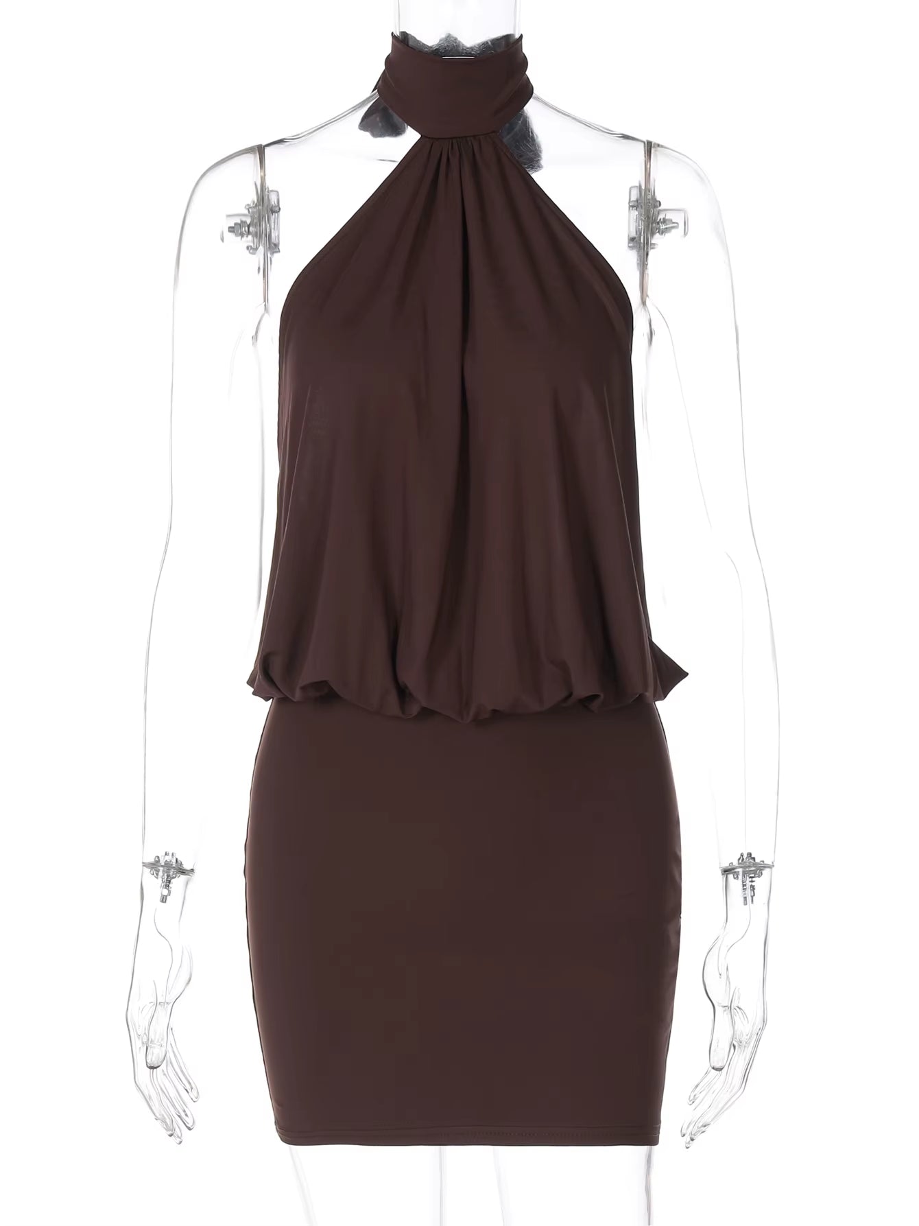 Fashion Halter Solid Sleeveless Backless Bandage Ruched Sexy Slim Mini Dress Summer Clothes Party Vacation Club