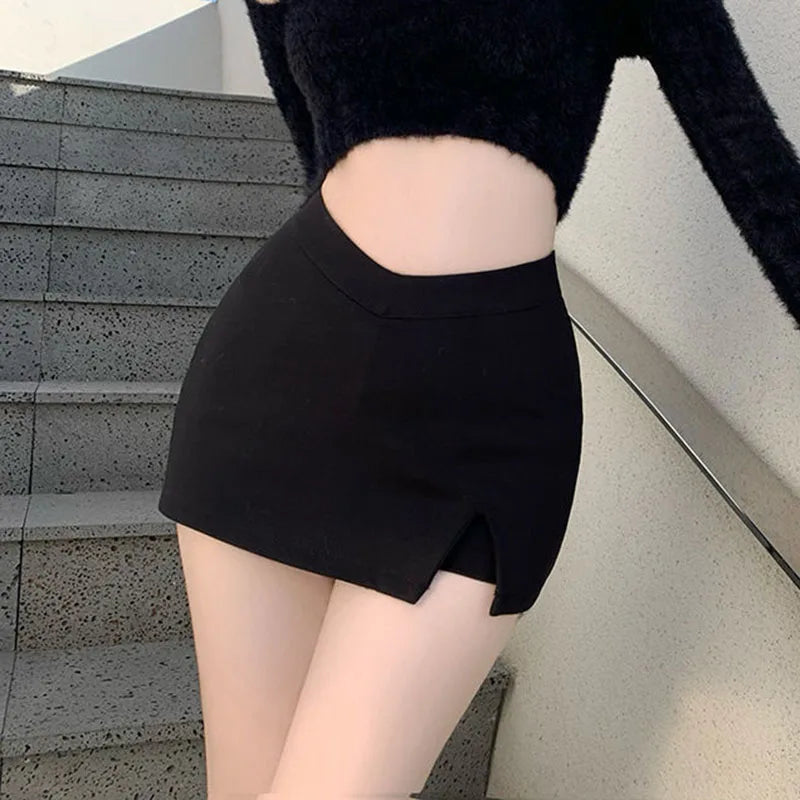 Black Split Mini Skirts Women Summer Sexy Club High Waist Slit Skirt Streetwear Korean Party Fashion Irregular Slim a Line Skirt