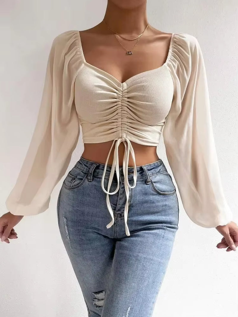 Sexy V-Neck Women Blouses Drawstring Long Sleeve Crop Tops Ladies Fashion Summer Short Shirt Woman Clothes Blusas Camisas Mujer