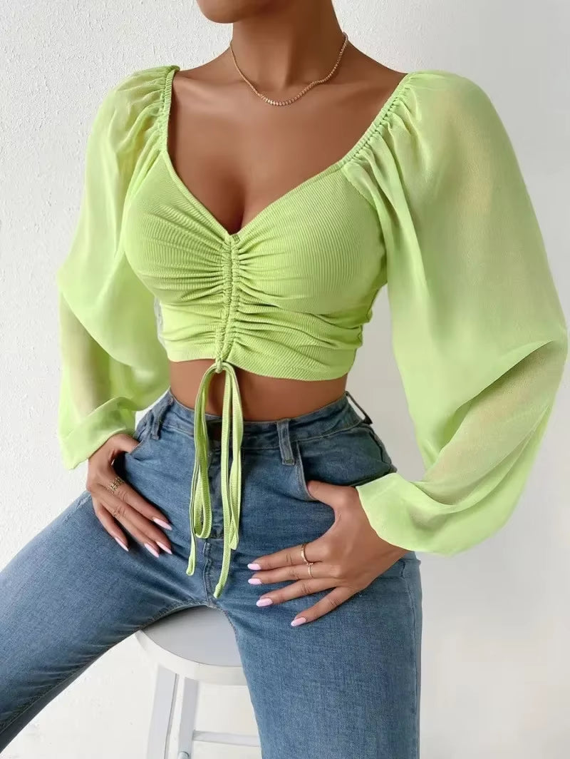 Sexy V-Neck Women Blouses Drawstring Long Sleeve Crop Tops Ladies Fashion Summer Short Shirt Woman Clothes Blusas Camisas Mujer