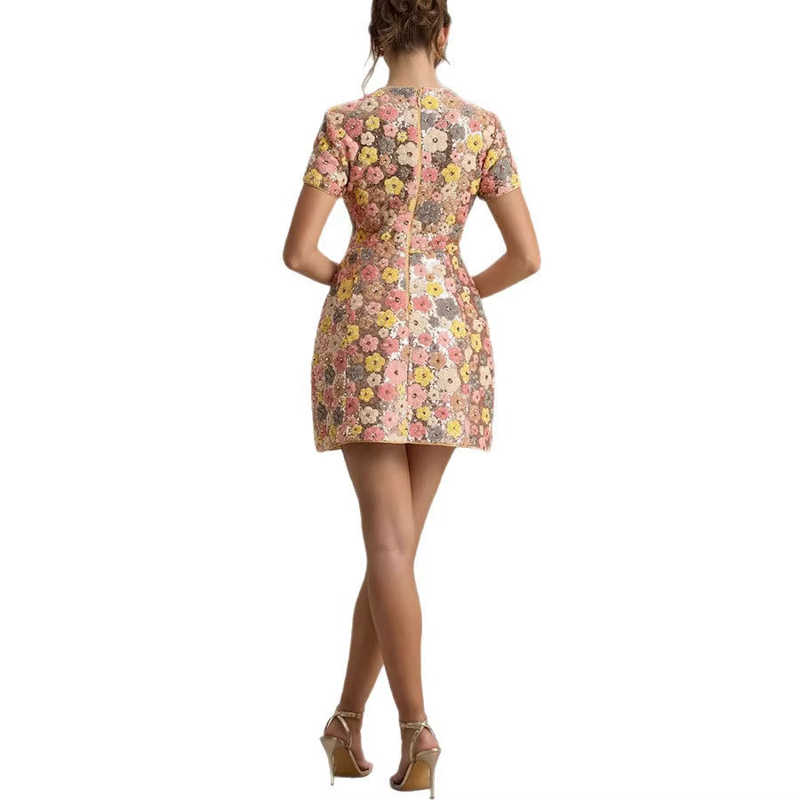 Spring Summer 2025 Women Elegant O Neck Short Sleeve Mini Dress Sequined Patchwork Casual Party Dress Sexy Ladies Slim Dresses