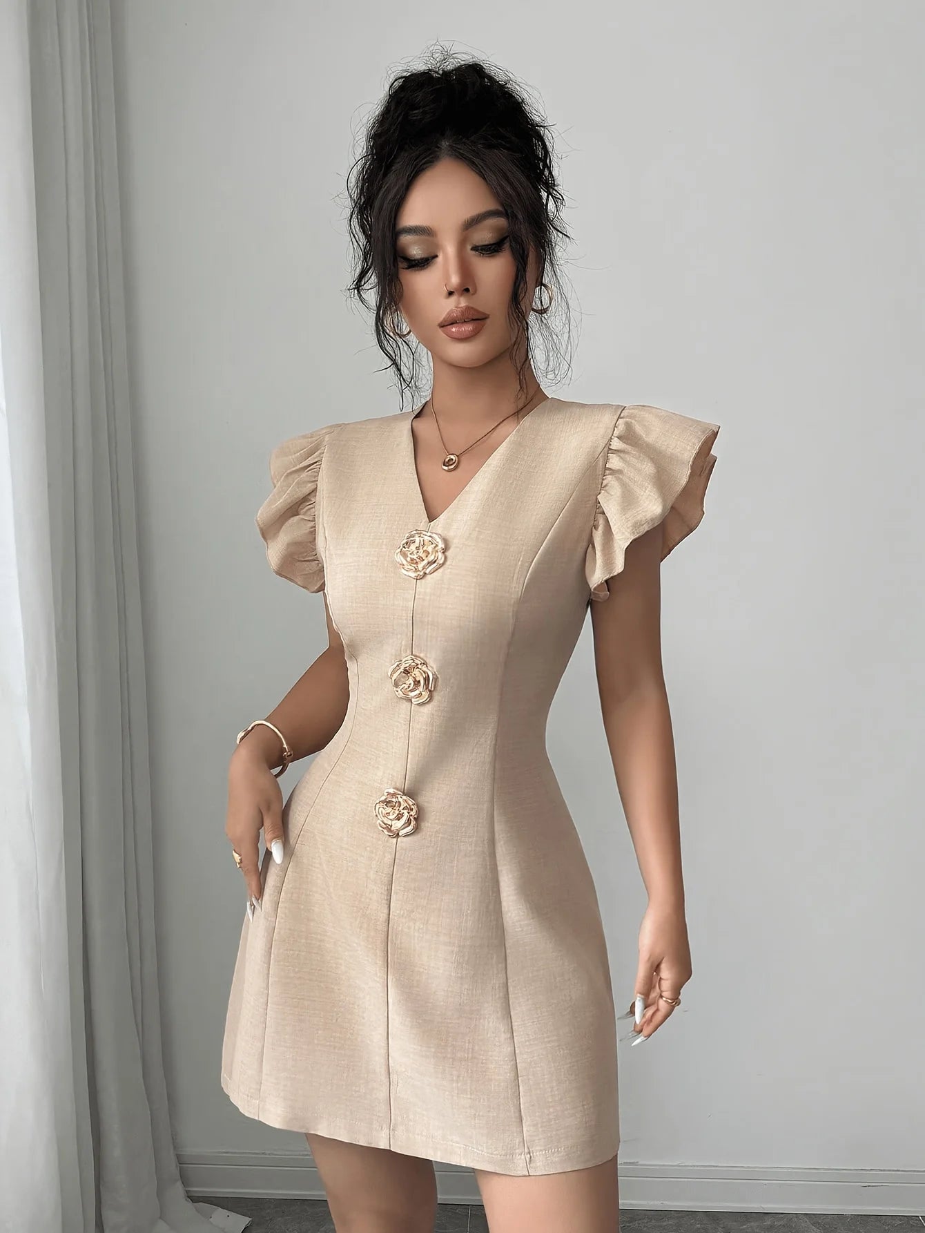 Stylish V Neck Mini Dress with Metal Buttons Flutter Short Sleeve Elegant Slim Fit Party Casual Short Dress for Women