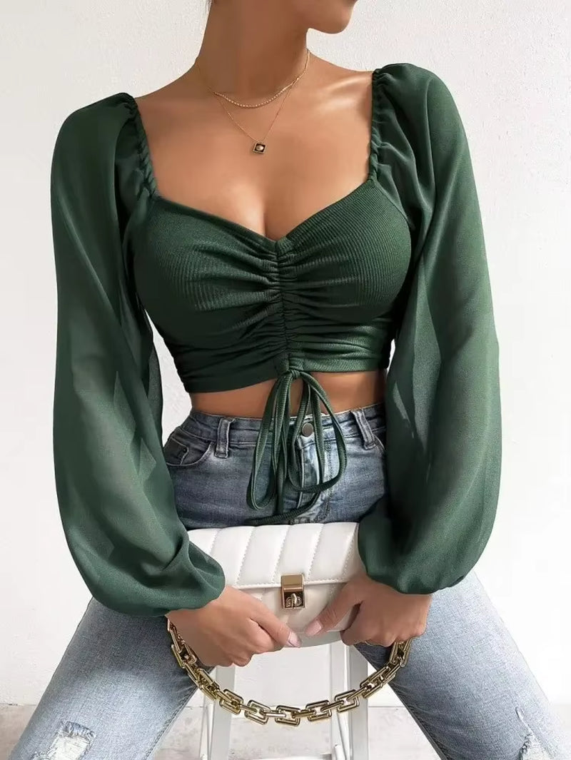 Sexy V-Neck Women Blouses Drawstring Long Sleeve Crop Tops Ladies Fashion Summer Short Shirt Woman Clothes Blusas Camisas Mujer