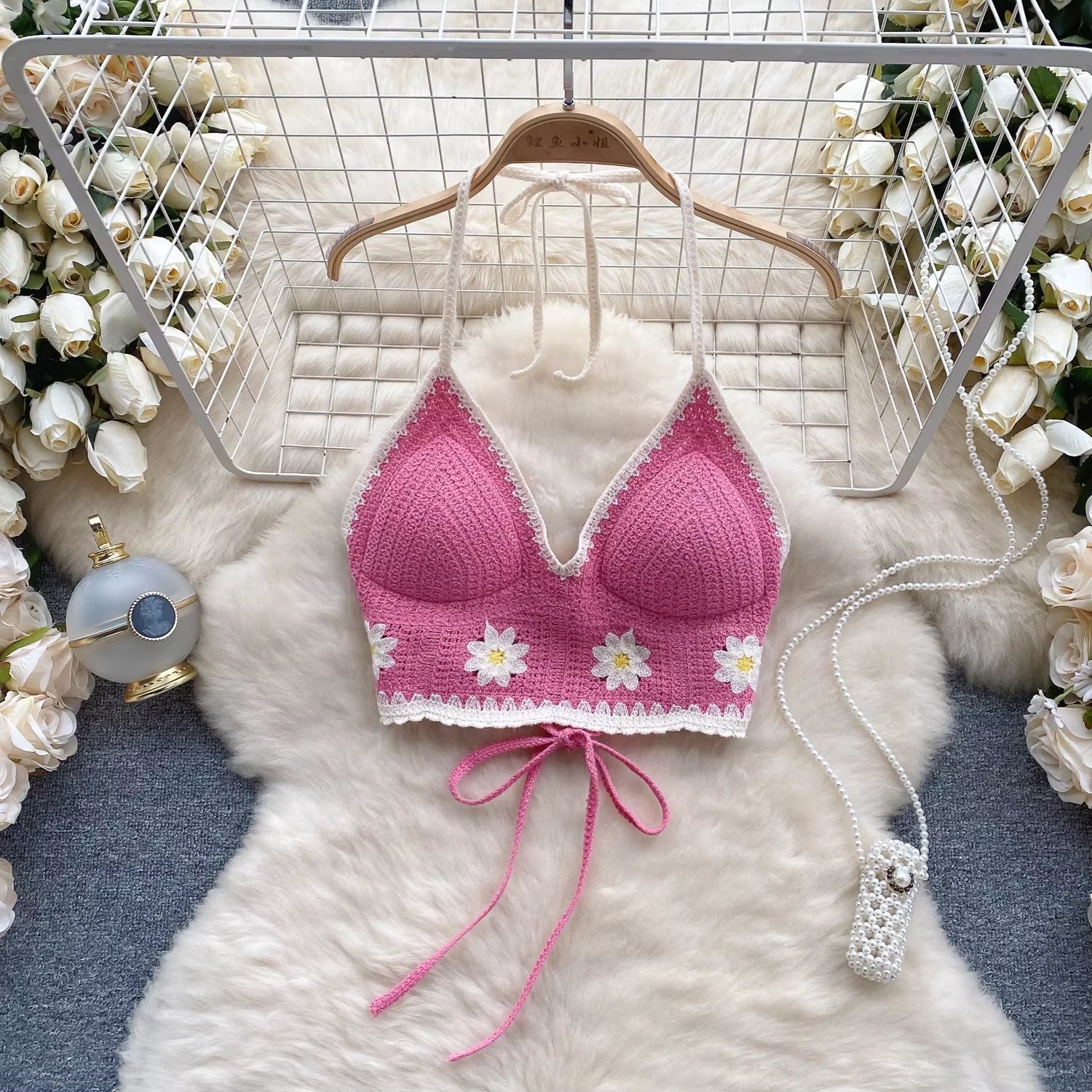 Vacation Style Camis Vest Women Patchwork Sweet Hook Flower Sexy Backless Suspender Camisole Hanging Neck Outwear Crop Tops