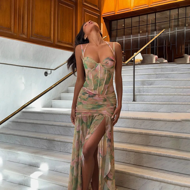 Sexy Sleeveless Floral Print Long Dresses Fashion Women Split Spaghetti Strap Summer Bodycon Casual Beach Evening Party Vestidos