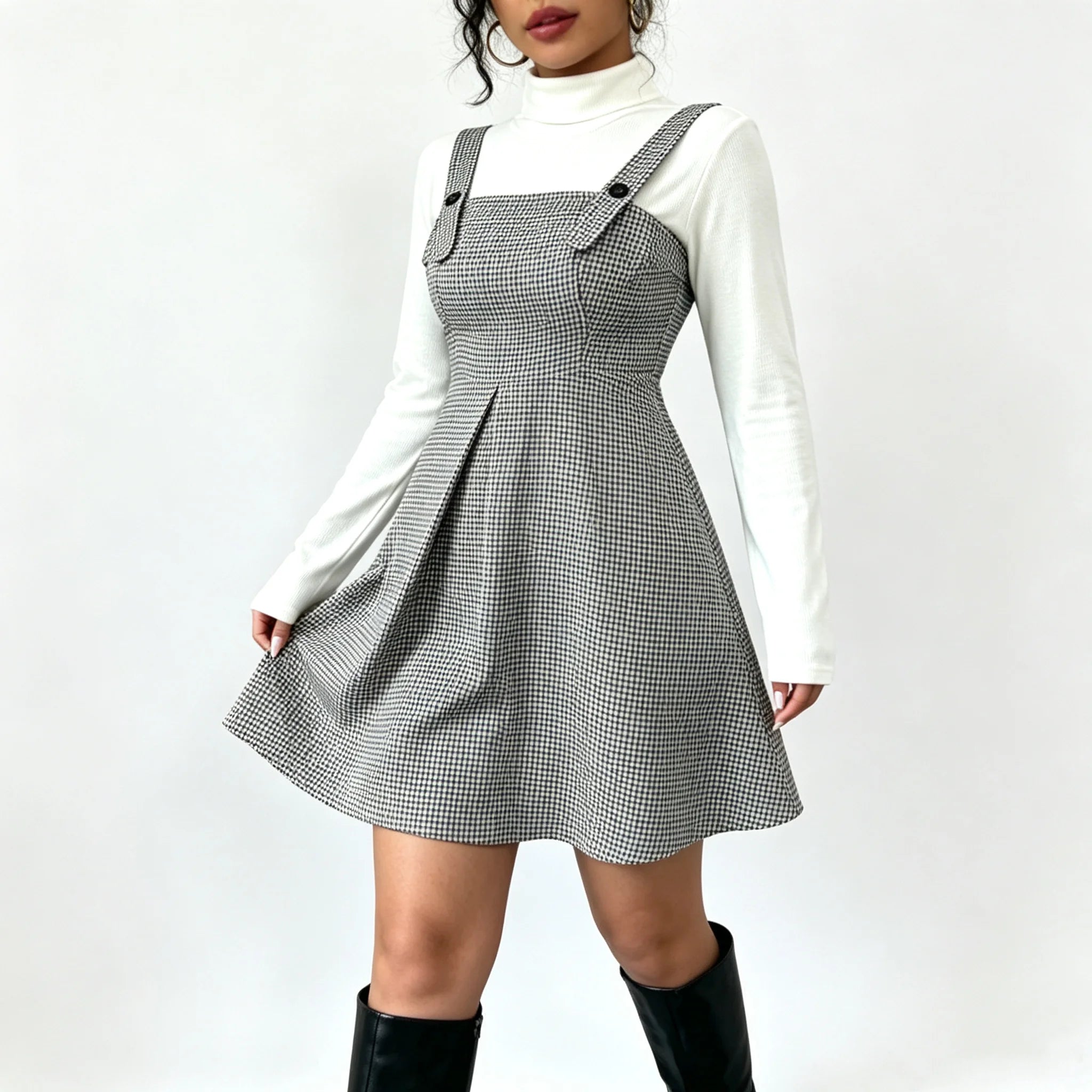 Women Vintage Houndstooth Pinafore Dress High Waist A-Line Mini Dress Adjustable Button Strap Sleeveless Suspender Skirt