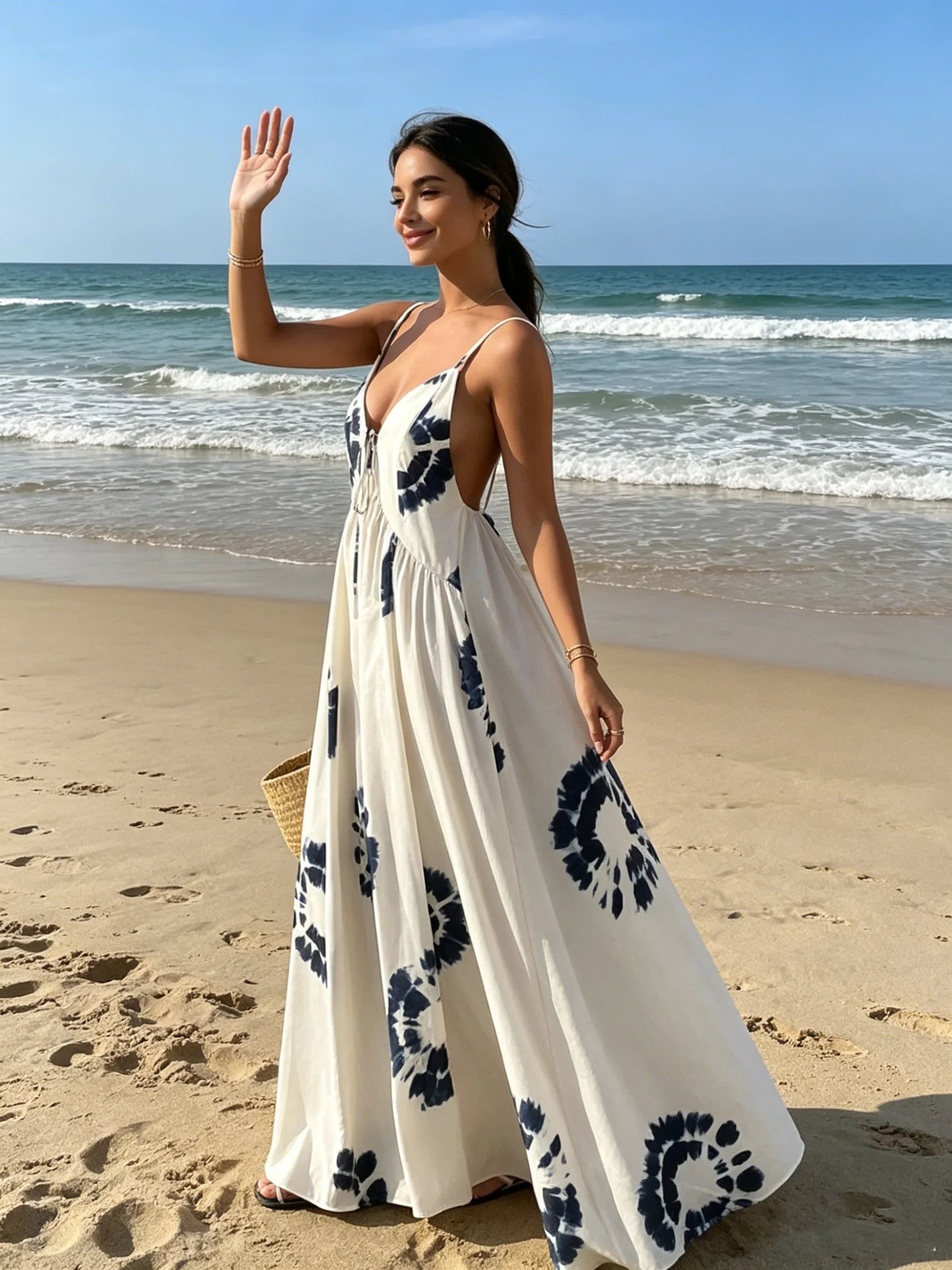European and American Seaside Leisure Vacation Style Deep V Large Swing Simple Printed Waist Slimming and Belly Covering Dress