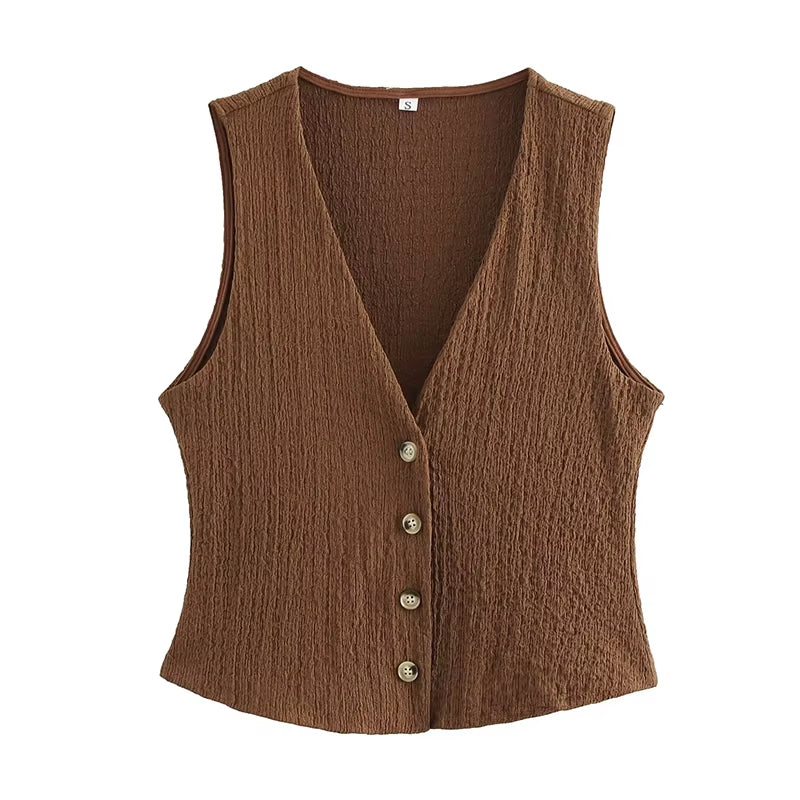 Women Fashion 2 Piece Set Solid Single Breasted Tank Tops & Vintage High Elastic Waist Pants Female Chic Pants Suit