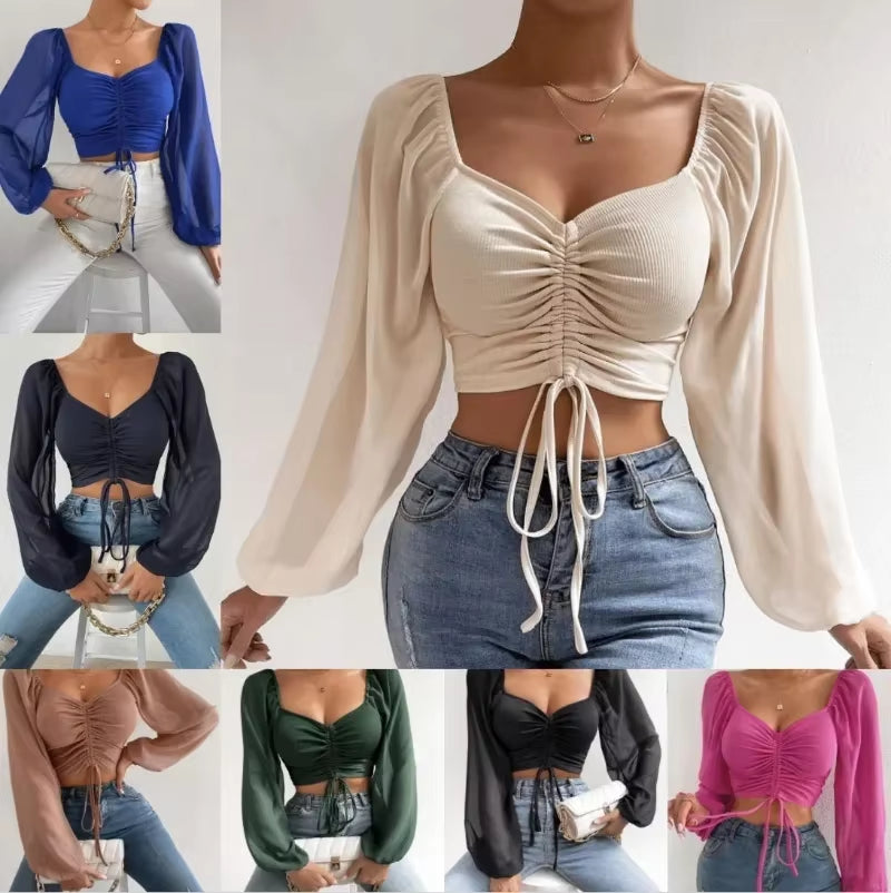 Sexy V-Neck Women Blouses Drawstring Long Sleeve Crop Tops Ladies Fashion Summer Short Shirt Woman Clothes Blusas Camisas Mujer