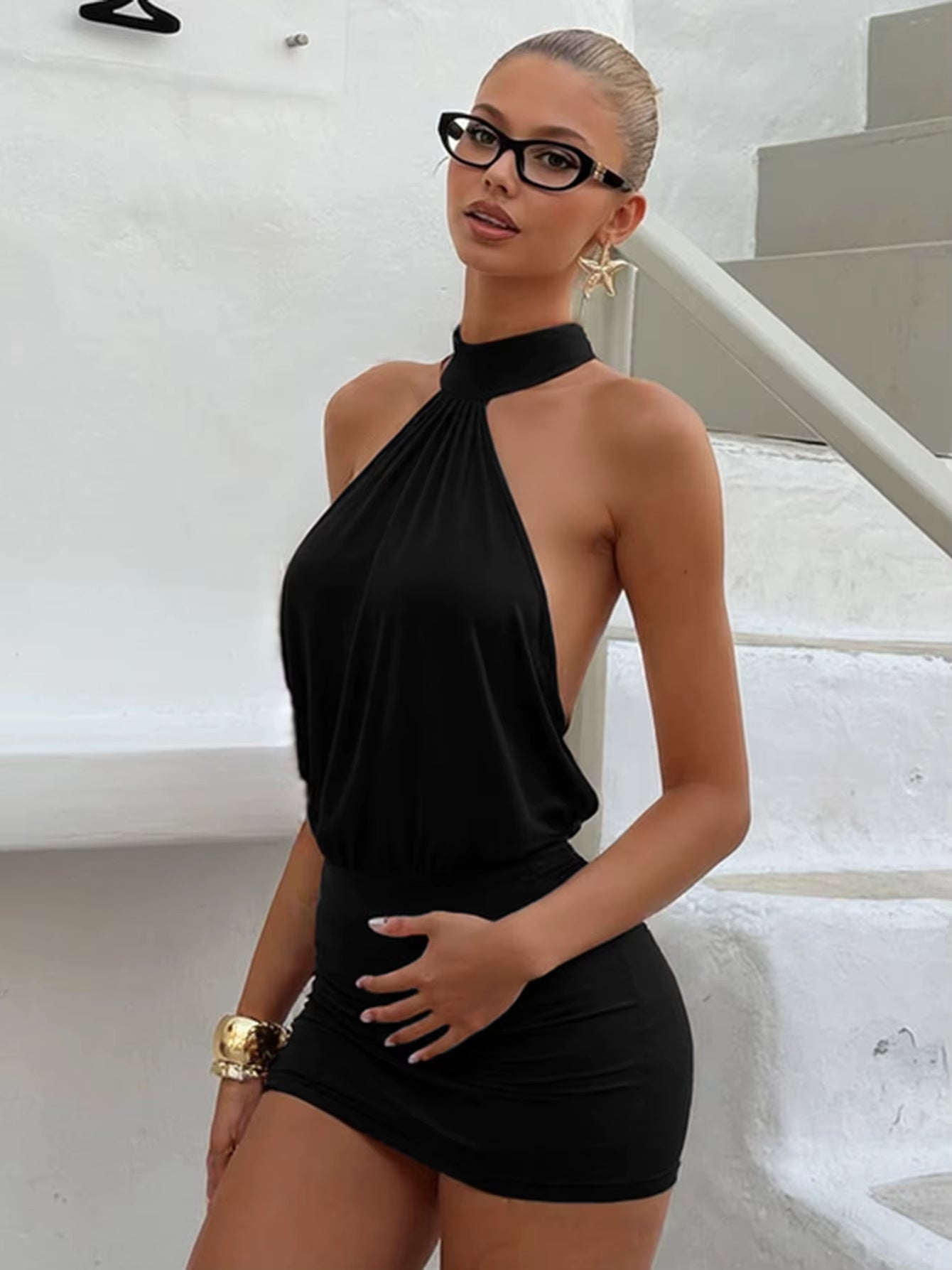 Fashion Halter Solid Sleeveless Backless Bandage Ruched Sexy Slim Mini Dress Summer Clothes Party Vacation Club