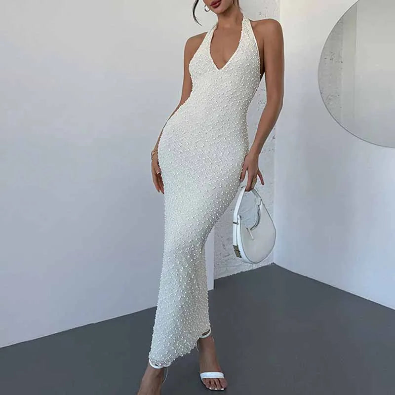 Summer New Fashion Temperament, Advanced Elegance, Classic V-Neck Backless Design, Hanging Neck, Summer Long Dress, Female Sexy