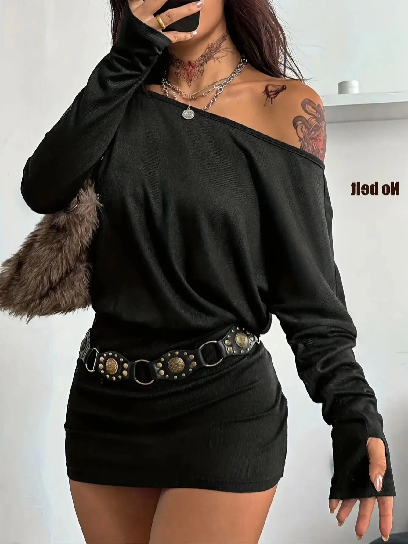 Women'S Y2K Fall Asymmetric Shoulder Batwing Sleeve Mini Dress Casual Daily Black Irregular Hemline No Belt Included