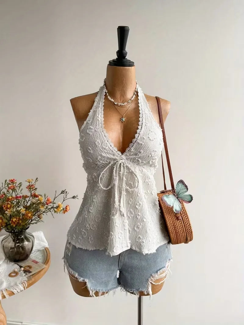 Ladies' Summer V-Neck Lace Neck Strap off Shoulder Leisure Vacation Easter Beach Wear Music Festival Top