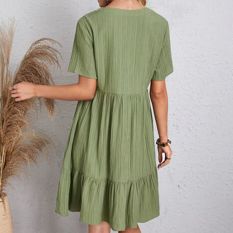Summer Casual Women Elegant Short Sleeve V Neck Ruffles Dress Solid Loose Mini Dress Chic Bohemian Sundress Beach Party Vestidos