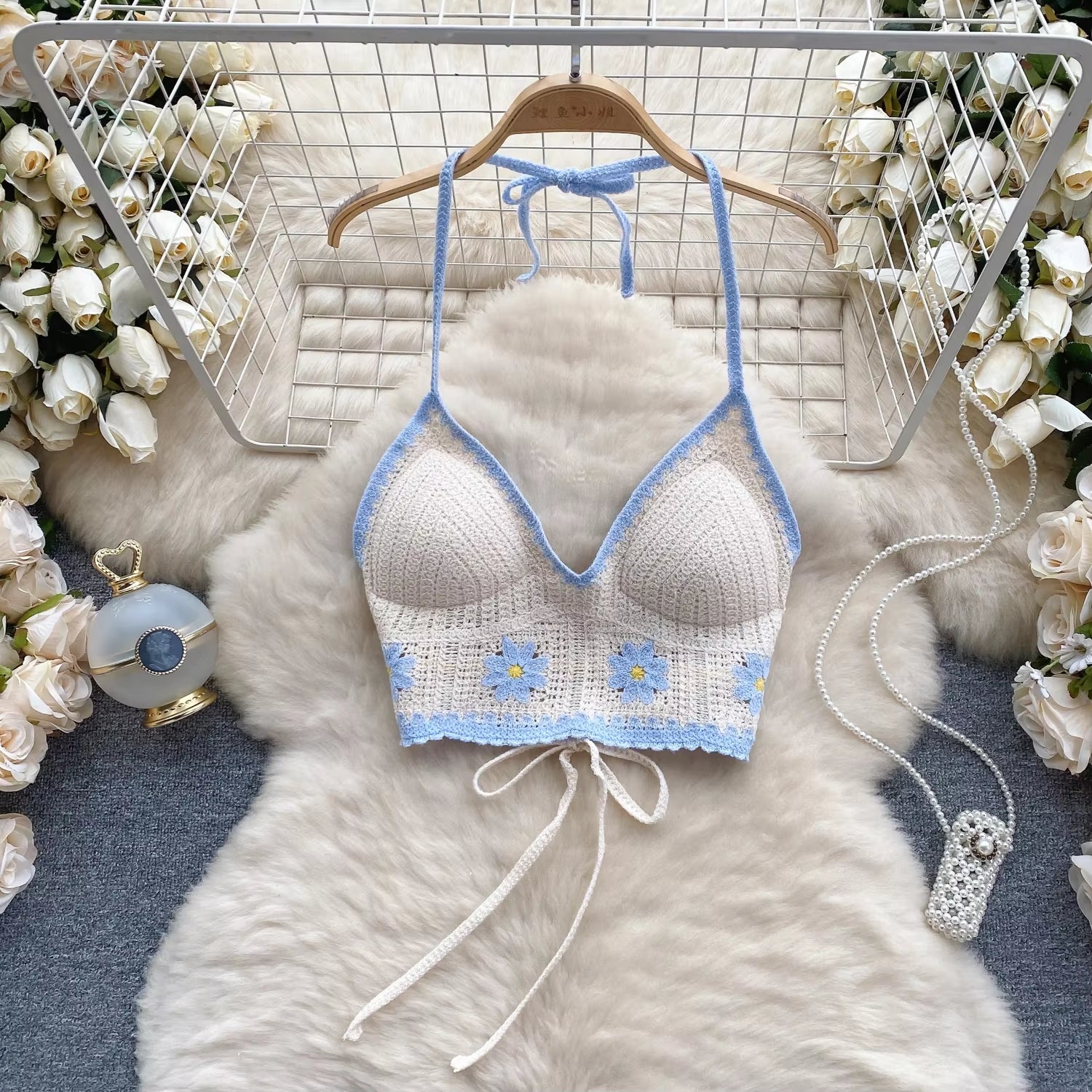 Vacation Style Camis Vest Women Patchwork Sweet Hook Flower Sexy Backless Suspender Camisole Hanging Neck Outwear Crop Tops