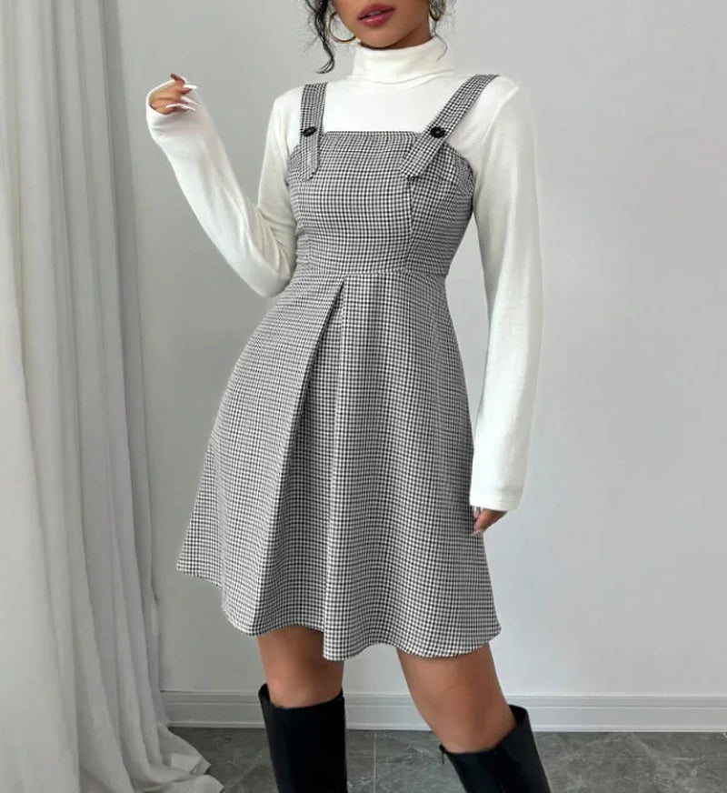 Women Vintage Houndstooth Pinafore Dress High Waist A-Line Mini Dress Adjustable Button Strap Sleeveless Suspender Skirt