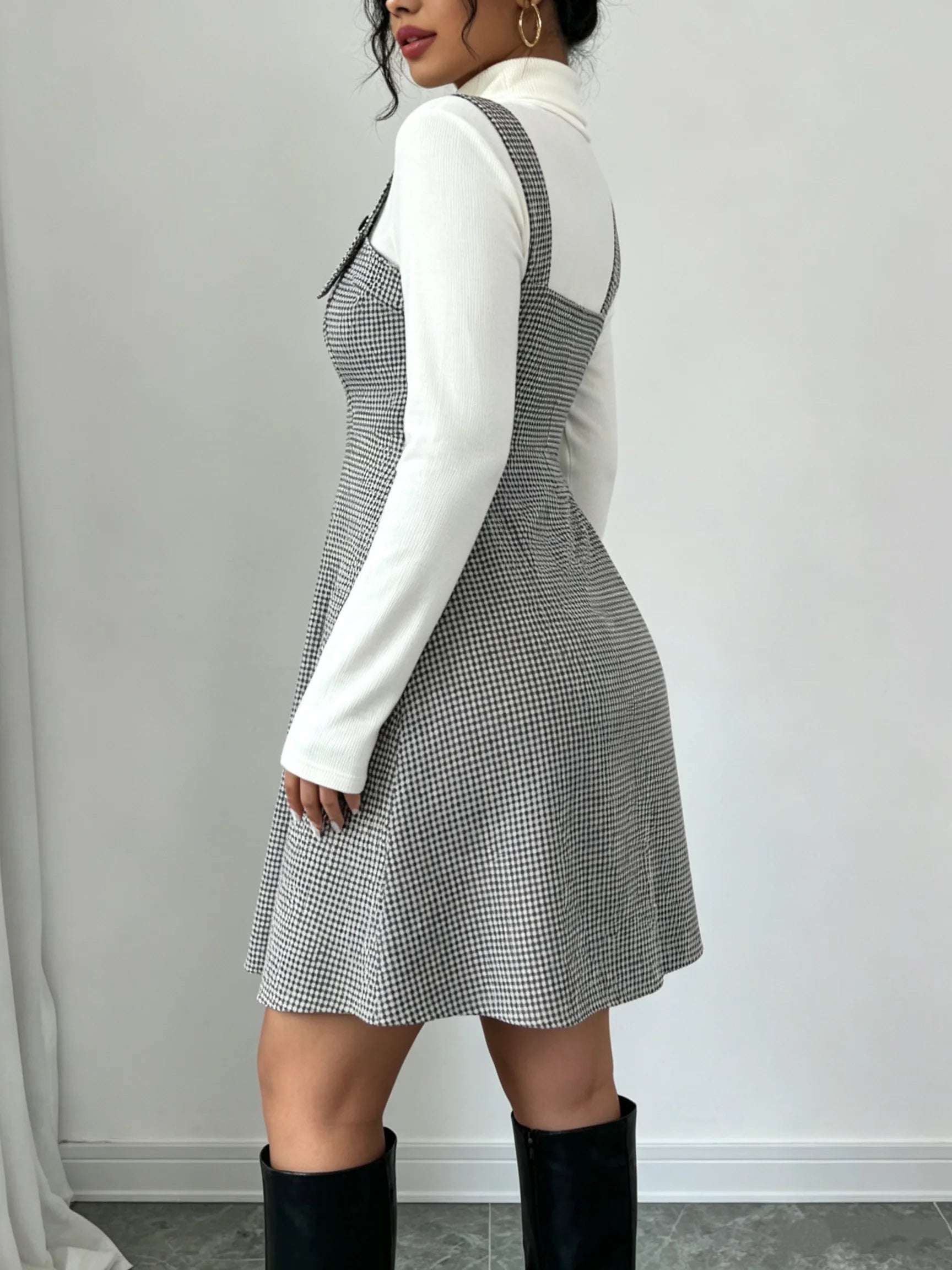 Women Vintage Houndstooth Pinafore Dress High Waist A-Line Mini Dress Adjustable Button Strap Sleeveless Suspender Skirt