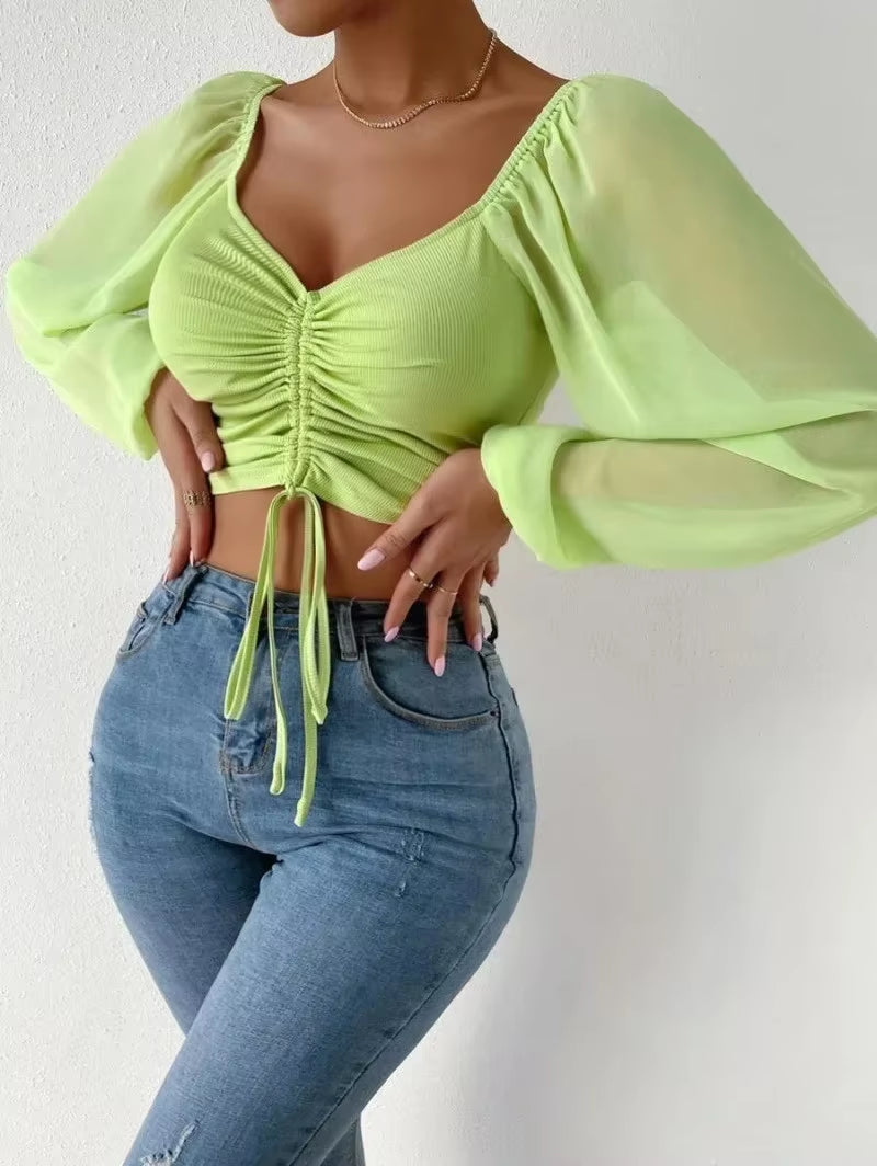 Sexy V-Neck Women Blouses Drawstring Long Sleeve Crop Tops Ladies Fashion Summer Short Shirt Woman Clothes Blusas Camisas Mujer