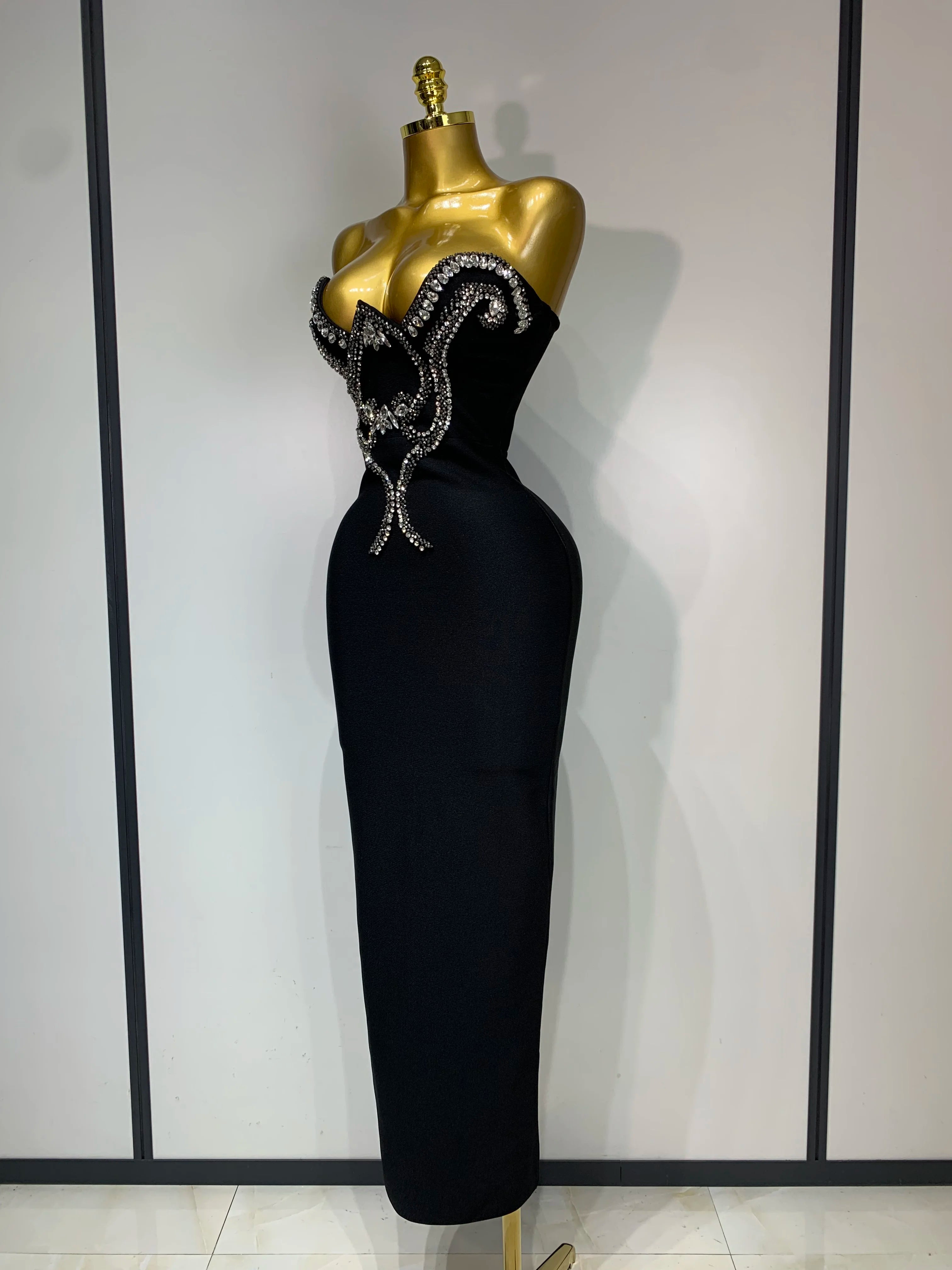 Celebrity Elegant Beading Strapless Bodycon Bandage Dress Women Fancy Club Party Luxury Diamonds Evening Party Birthday Dresses