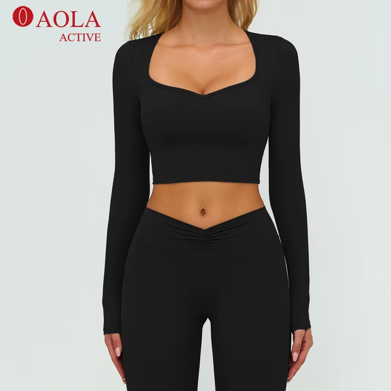 Square Collar High Elastic Tight Slim Sport Comfortable Yoga Long Sleeve Crops Top for Woman