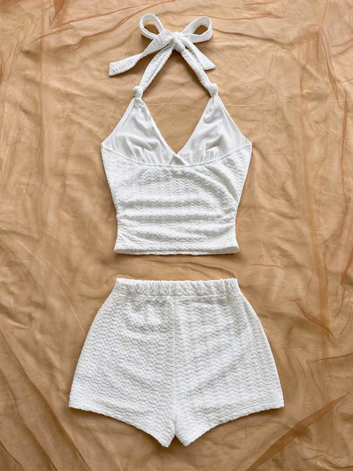 Summer White Halter Top and Shorts Set, Casual Beach Outfit