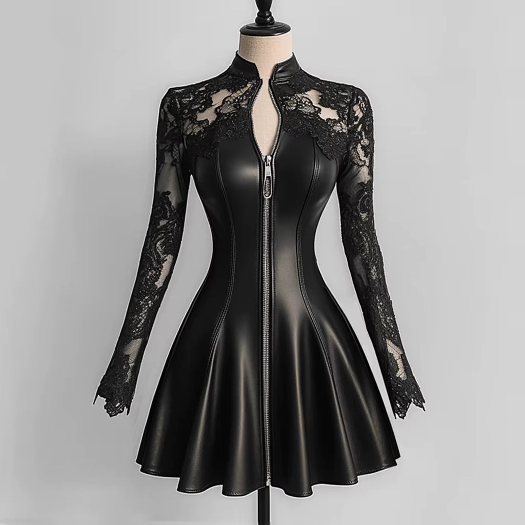 Fashionable PU Leather Lace Patchwork Waist-Cinching Dress Autumn Winter New Arrival Long Sleeve Zipper Sexy Party Mini Dress