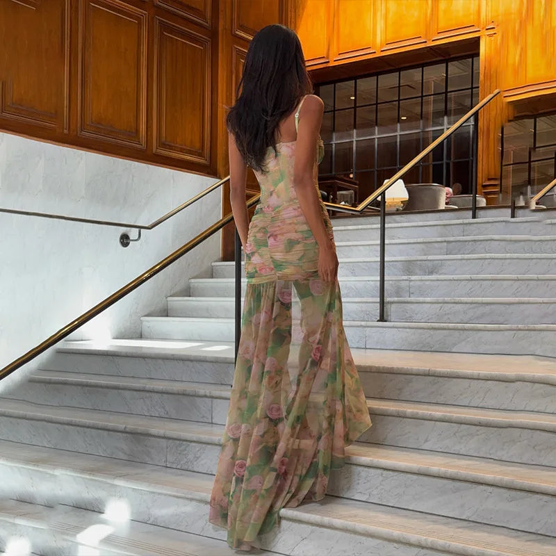 Sexy Sleeveless Floral Print Long Dresses Fashion Women Split Spaghetti Strap Summer Bodycon Casual Beach Evening Party Vestidos