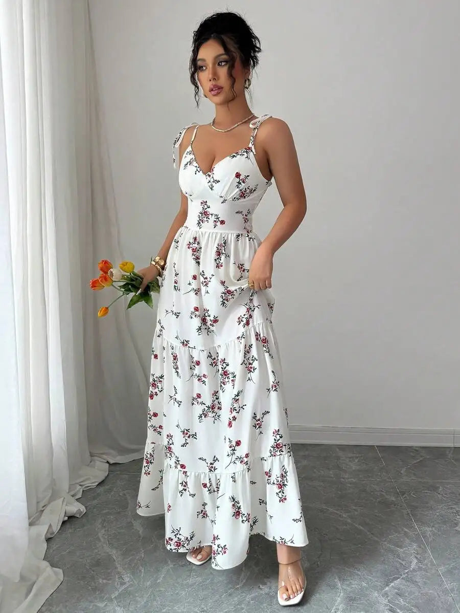 Women'S Ditsy Floral Ruffle Hem Sleeveless Dress Vacation Appropriate Casual Maxi Gown for Spring/Summer