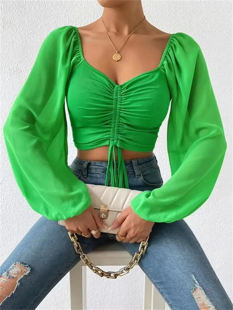 Sexy V-Neck Women Blouses Drawstring Long Sleeve Crop Tops Ladies Fashion Summer Short Shirt Woman Clothes Blusas Camisas Mujer