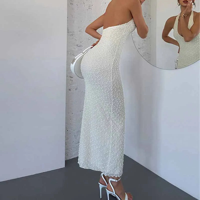 Summer New Fashion Temperament, Advanced Elegance, Classic V-Neck Backless Design, Hanging Neck, Summer Long Dress, Female Sexy