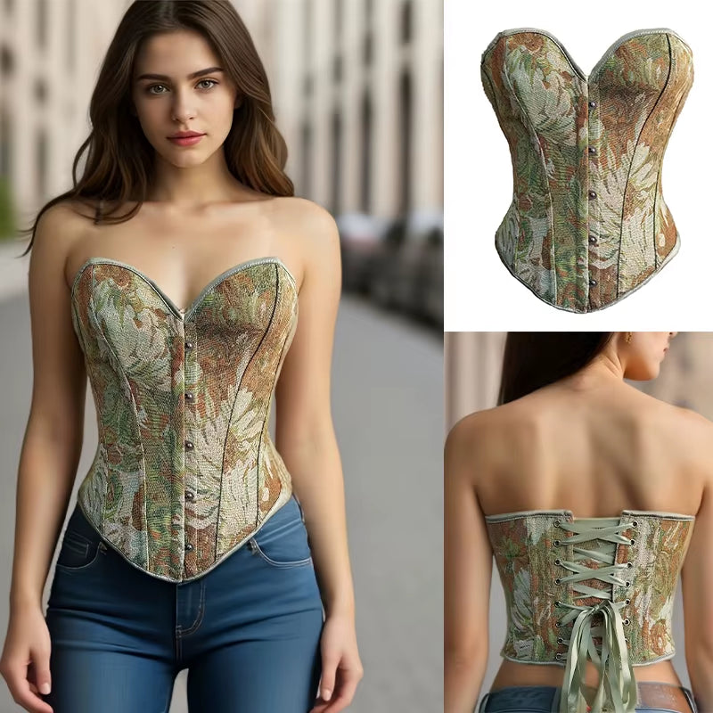 Short Tube Top Women'S Corset Monet Oil Painting Style Hot Girl Bone Overbust Corset Tummy Control Push up Breast Shaper