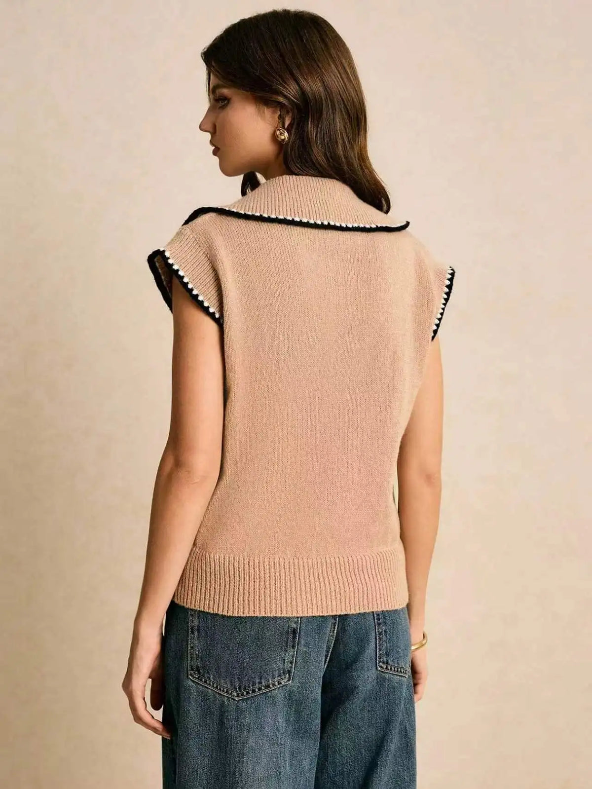 Vintage Contrast Trim Sleeveless Knit Vest Women Lapel Collar Half Button Soft Knit Tank Top Casual Sweater Waistcoat