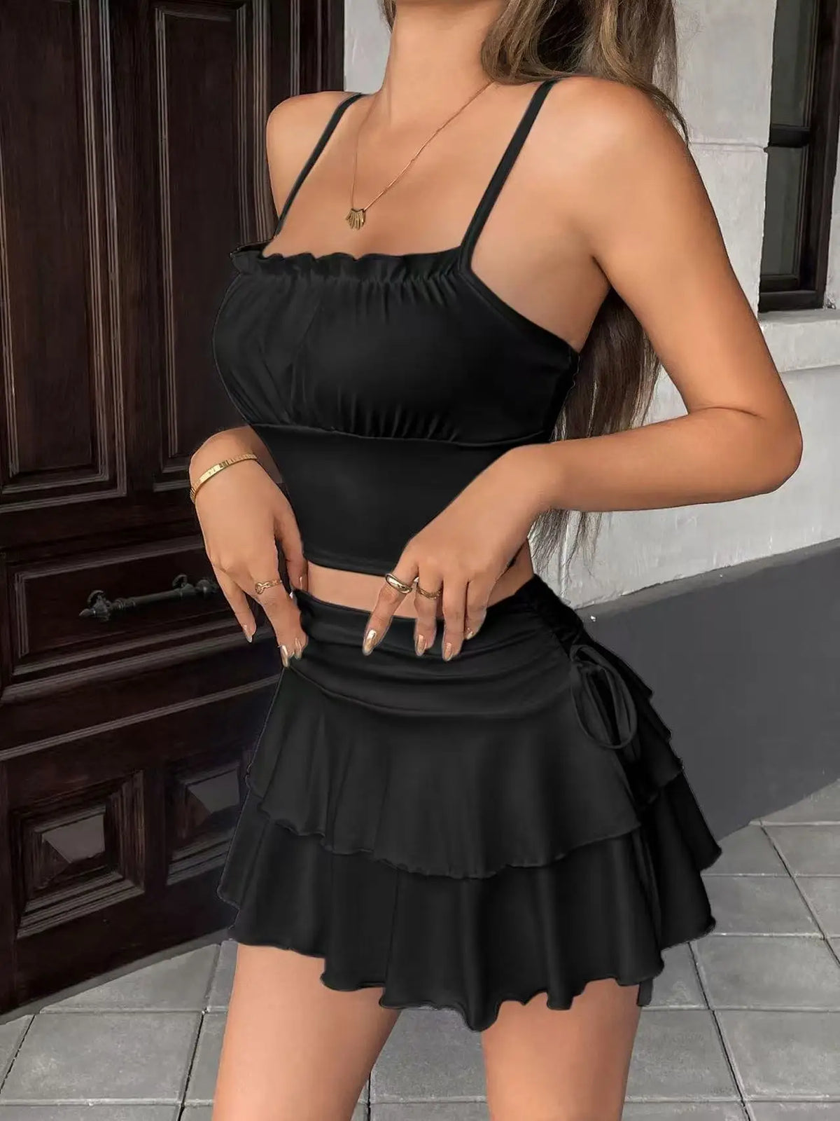 Drawstring and Fold Detail Solid Color Cake Skirt, Spring/Summer, Party Skirt, Beach Skirt, Summer Vacation Outfits