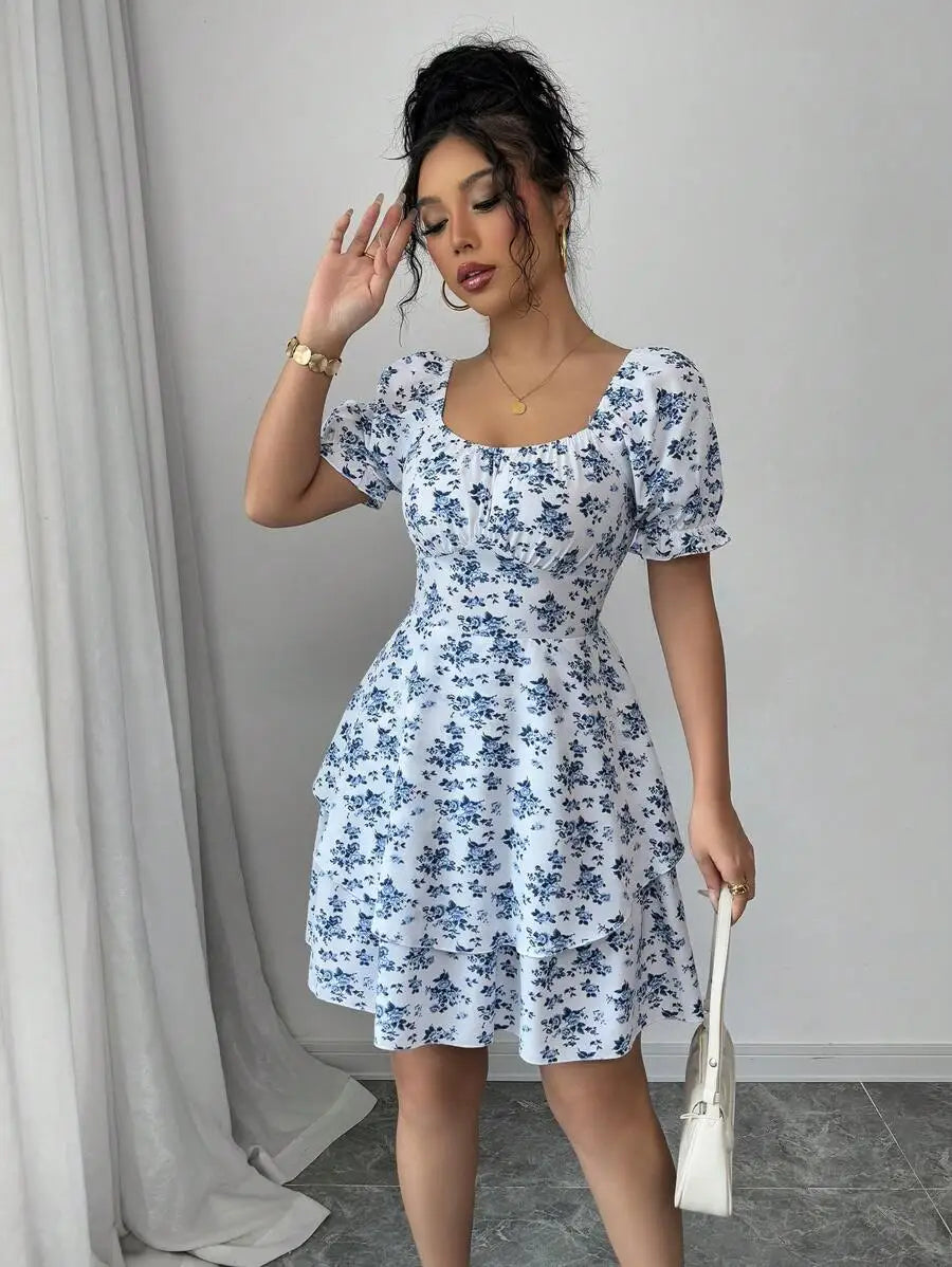 Women'S Casual Ditsy Floral Mini Dress round Neck Short Sleeve Elastic Waist Ruffle Hem Summer Dress for Daily Vacation