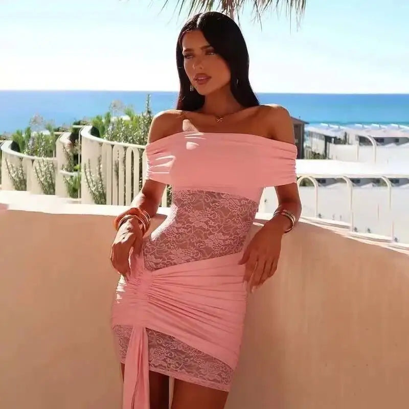 Pleated Slim Bodycon Dress Women off Shoulder Mini 2025 Summer Dress Lace Patchwork Nightclub Sexy Party Dresses