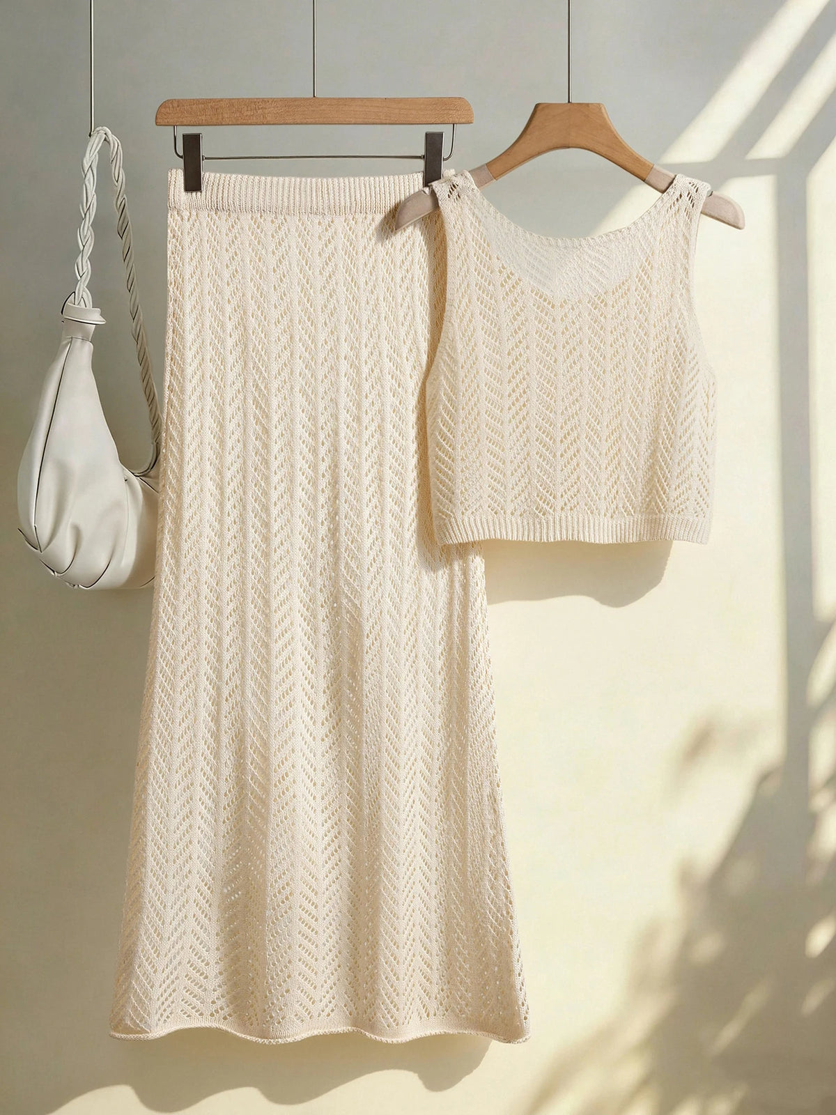 2026 Summer Women'S Crochet Knit Hollow Out Matching Set Sleeveless Crop Top Long Midi Skirt Chic Vacation Resort 2 Piece Outfit