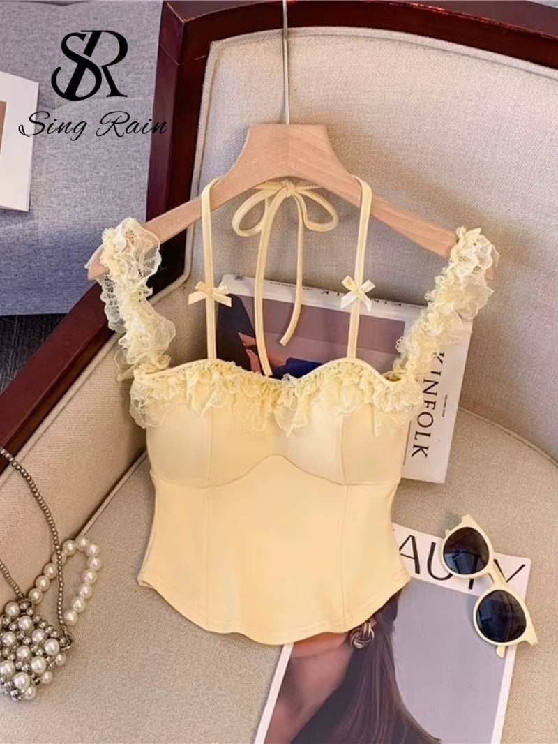 SINGREINY Y2K Hotsweet Crop Top 2026 Strap Elastic Slim Solid Basics T-Shirt Streetwear Ruffles Lace Beach Party Tank Top