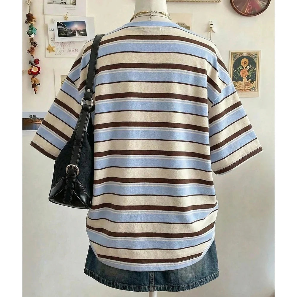 Summer New Y2K Striped 3D Print Casual Oversized Mid-Length round Neck Drop Shoulder Women Tee Street Fashion Casual Sports Top