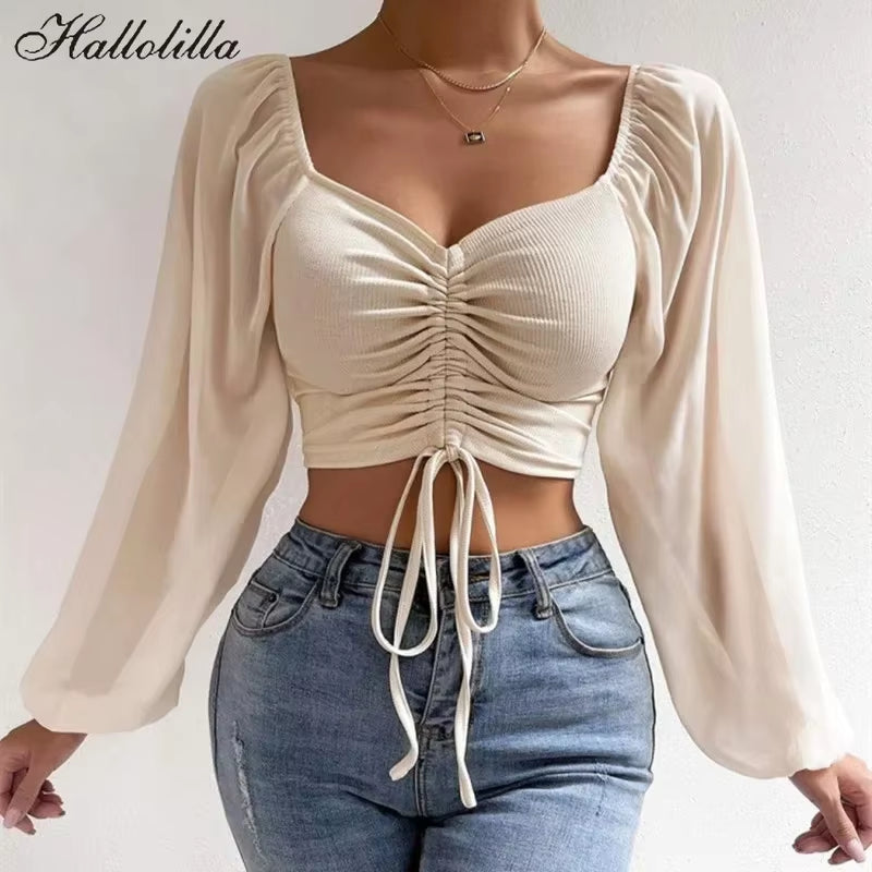 Sexy V-Neck Women Blouses Drawstring Long Sleeve Crop Tops Ladies Fashion Summer Short Shirt Woman Clothes Blusas Camisas Mujer