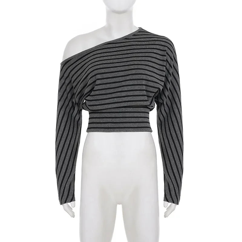 Women Summer 2 Piece Outfits Fall Stylish Long Sleeve off Shoulder Striped Crop Tops and Elastic Waist Shorts Set Y2K Clothes
